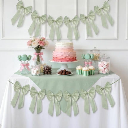FLAIR GIFTS 1-String 6.5ft Sage Green Bows Garland Banner, 6 Pcs Pre-Strung Bow Party Decorations for Birthday, Bachelorette Party, Girly Pink Party Supplies, Baby Shower, Bridal Shower