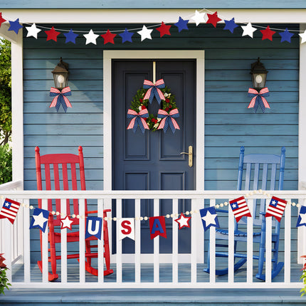 Flair Gifts 2 Pack 4th of July Garland, 6.5ft Felt Patriotic USA Garland for Mantel Red White Blue Star w/Wood Bead Flag Banner Decor for 250th Anniversary Independence Day Veterans Memorial Party