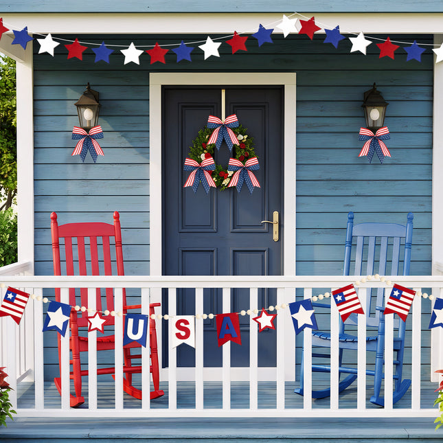 Flair Gifts 2 Pack 4th of July Garland, 6.5ft Felt Patriotic USA Garland for Mantel Red White Blue Star w/Wood Bead Flag Banner Decor for 250th Anniversary Independence Day Veterans Memorial Party