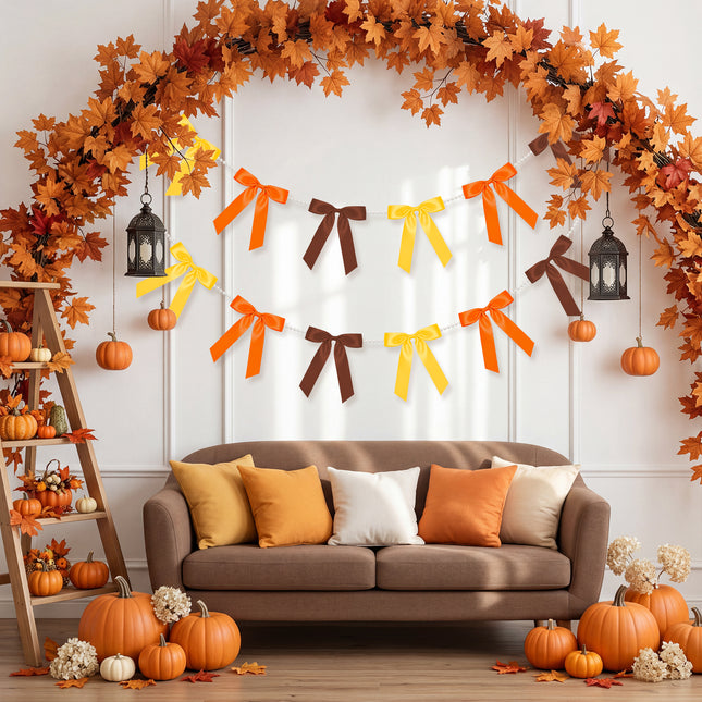 FLAIR GIFTS 2 Strings Fall Bow Garland Banner, 6.5ft Pearl Chain Pre-Strung 6 Satin Ribbon for Autumn Decor, Thanksgiving, Friendsgiving, Pumpkin Patch Party, Vintage Harvest Mantle Backdrop