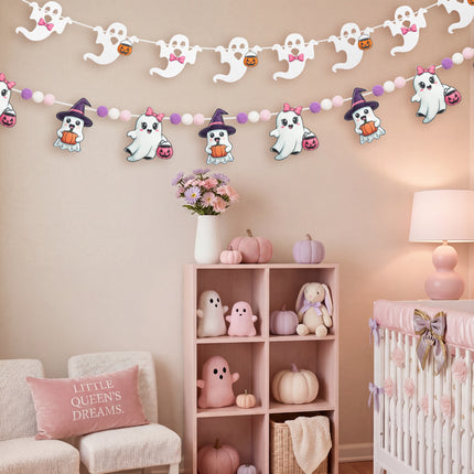 FLAIR GIFTS 2-Pack Halloween Ghost Felt Garland, 8ft 3D Cute Ghost Banner with Pom Poms, Pre-Strung Pastel Pink & Purple Halloween Decorations for Home, Fireplace Mantel, Classroom, Party Décor