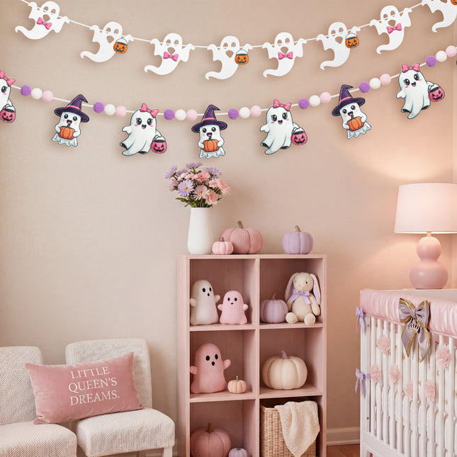 FLAIR GIFTS 2-Pack Halloween Ghost Felt Garland, 8ft 3D Cute Ghost Banner with Pom Poms, Pre-Strung Pastel Pink & Purple Halloween Decorations for Home, Fireplace Mantel, Classroom, Party Décor