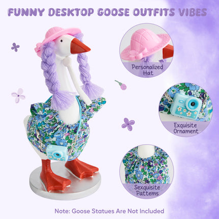 FLAIR GIFTS 4 Sets 7 Inch Desk Goose Outfits, Cute Dress with Braided Wig Hat, Mini Handbag & Hanger Stand for Desktop Goose Statue Clothes Accessories Decor