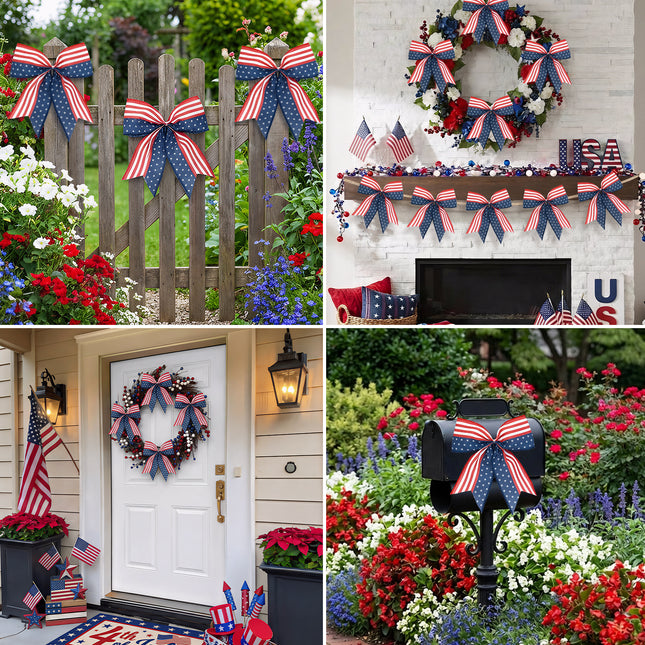 4th of July Decoration, 12 Pcs Patriotic Burlap Bows 6x6 Inch, Memorial Day Decorations Bows with Burlap Strip, Fourth of July Garland for Independence Day, Firepalce Wreath 250th Anniversary Decor