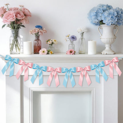 1-String Pink & Blue Bow Garland Banner, 8 Pre-Strung Double-Loop Satin Ribbon Bows, Valentines Day Decor for Baby Shower Bridal, Birthday & Wedding Party, Reusable Girls Coquette Room Wall Decor