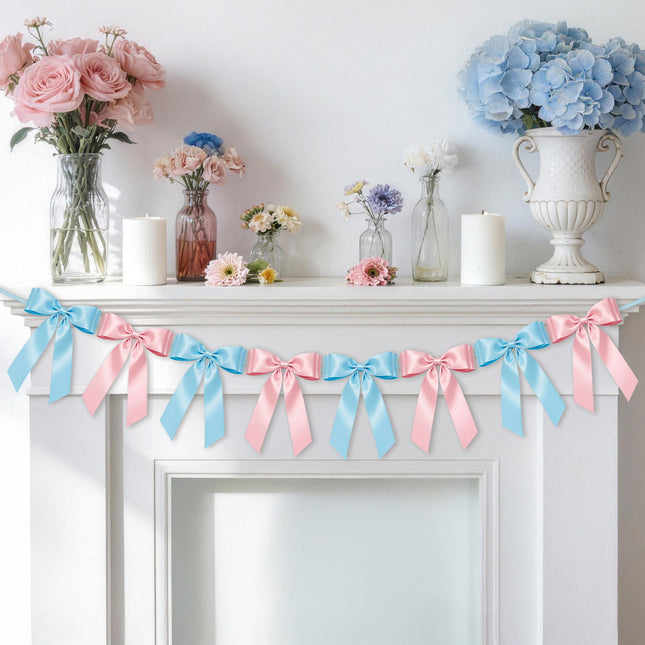 1-String Pink & Blue Bow Garland Banner, 8 Pre-Strung Double-Loop Satin Ribbon Bows, Valentines Day Decor for Baby Shower Bridal, Birthday & Wedding Party, Reusable Girls Coquette Room Wall Decor