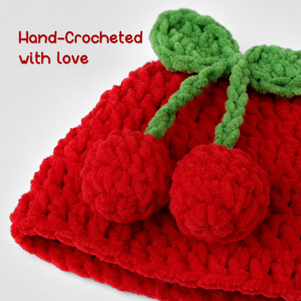 7 Inch Desk Goose Outfits Cherry, Handmade Knit Costume 2 PCs with Hat & Dress for Desktop Goose Statue Clothes Accessories Decor Gift