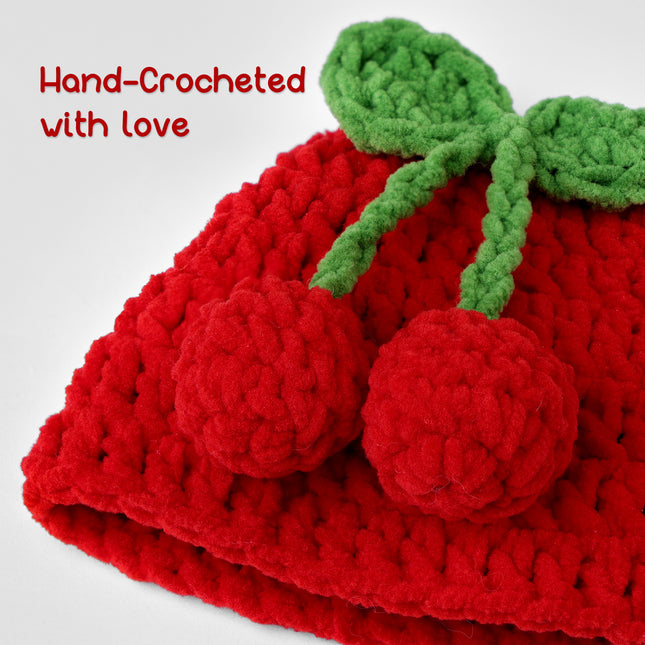 7 Inch Desk Goose Outfits Cherry, Handmade Knit Costume 2 PCs with Hat & Dress for Desktop Goose Statue Clothes Accessories Decor Gift