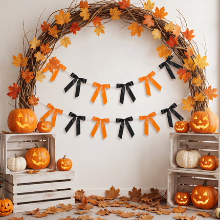 FLAIR GIFTS 2 Strings Halloween Bow Garland Banner, 6.5ft Pearl Chain Pre-Strung 6 Satin Ribbon for Gothic Coquette Decor, Spooky One Birthday, Orange and Black Party Garland & Mantle Backdrop