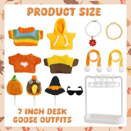 FLAIR GIFTS 4 Sets 7 Inch Desk Goose Fall Outfits, Knit Sweater Hat Scarf & Accessories with Hanger Stand for Desktop Goose Statue Autumn Clothes Decor Gift