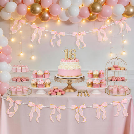 FLAIR GIFTS 2 Strings Pink Bow Garland Banner, Pre-Strung Fish-Tail Organza Ribbon with 6.5ft Pearl Chain for Coquette Birthday, Bachelorette Party, Baby Shower, Engagement, Anniversary Decor