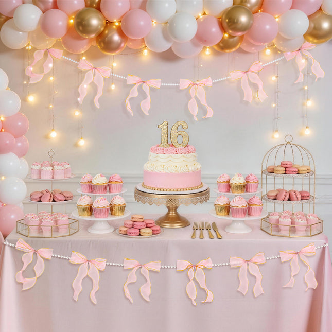 FLAIR GIFTS 2 Strings Pink Bow Garland Banner, Pre-Strung Fish-Tail Organza Ribbon with 6.5ft Pearl Chain for Coquette Birthday, Bachelorette Party, Baby Shower, Engagement, Anniversary Decor