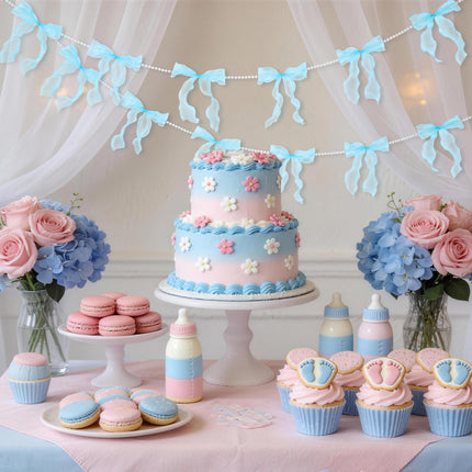 FLAIR GIFTS 2 Strings Blue Bow Garland Banner, Pre-Strung Fish-Tail Organza Ribbon with 6.5ft Pearl Chain for Baby Shower, Bridal Shower, Wedding, Engagement, Graduation & Anniversary Party Decor