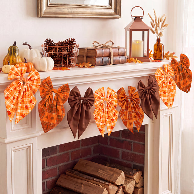 Fall Bow Garland Vintage Plaid Maple Leaf Harvest Decor 8 Ft Banner