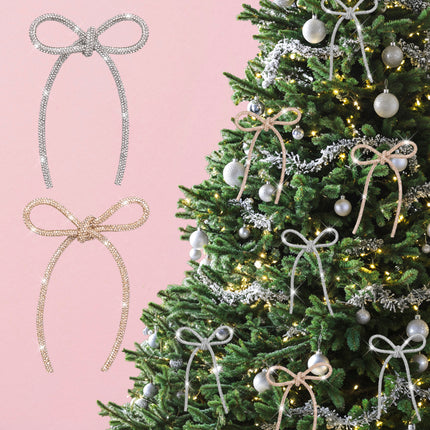 FLAIR GIFTS 12 Pcs 4.3" x 6" 2026 Christmas Bows for Tree Decor, 6 Pcs Champagne Gold & 6 Pcs Silver Sparkly Glitter Rhinestone Bow Ornaments for Xmas Decoration, Wreath, Garland, Gift Wrapping