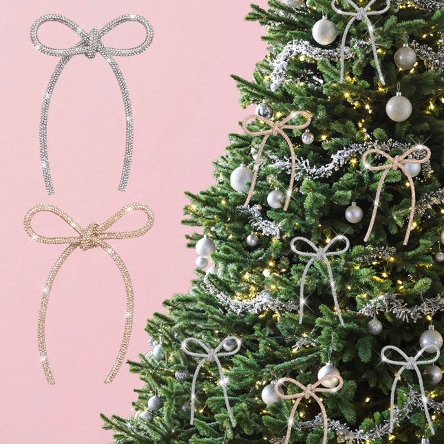 FLAIR GIFTS 12 Pcs 4.3" x 6" 2026 Christmas Bows for Tree Decor, 6 Pcs Champagne Gold & 6 Pcs Silver Sparkly Glitter Rhinestone Bow Ornaments for Xmas Decoration, Wreath, Garland, Gift Wrapping