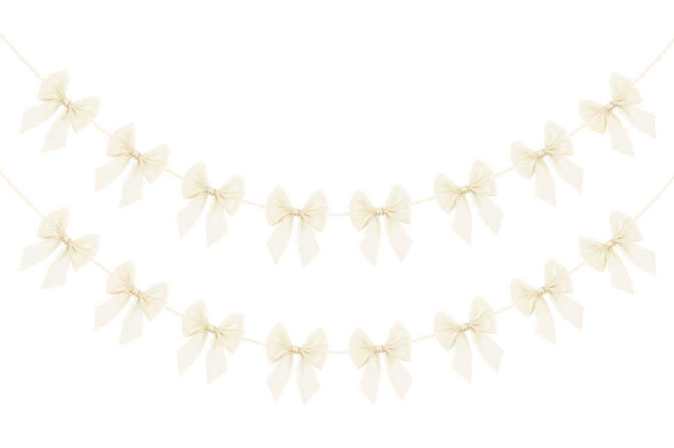 FLAIR GIFTS 2-String 6.5ft Ivory White Bows Garland Banner, 16 Pcs Pre-Strung Bows Party Decorations for Bridal Shower, Birthday, Bachelorette Party, Baby Shower, Tea Party Supplies