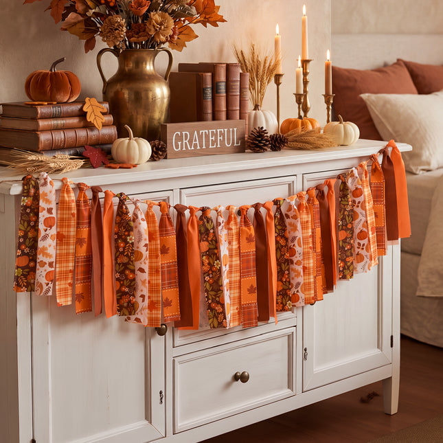 Fall Tassel Garland Vintage Plaid Pumpkin Harvest Decor 6.5 Ft Banner
