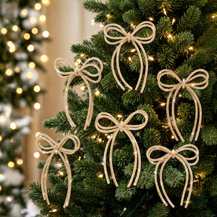 FLAIR GIFTS 6 Pcs 5" x 7" 2026 Christmas Bow Ornaments, Champagne Gold Double-Layer Sparkly Glitter Rhinestone Bows with Twist Tie for Xmas Tree Decoration, Wreath, Garland, Gift Wrapping