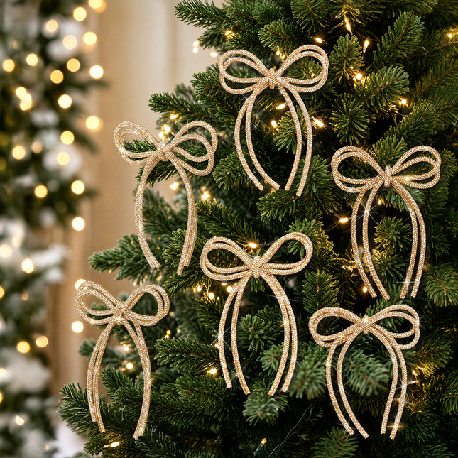 FLAIR GIFTS 6 Pcs 5" x 7" 2026 Christmas Bow Ornaments, Champagne Gold Double-Layer Sparkly Glitter Rhinestone Bows with Twist Tie for Xmas Tree Decoration, Wreath, Garland, Gift Wrapping