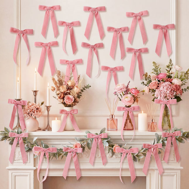 Valentine's Day Decor, 24 Pcs Pink Vintage Velvet Bows Ornaments, 5x7 Inch Luxury Bow for Baby Bridal Shower Christmas Tree Birthday Party, Reusable Coquette Room Wall Mantel Table Decoration