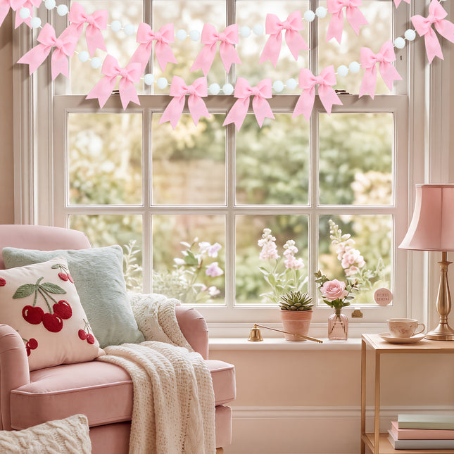 Flair Gifts 2-Pack 8ft Pink Bow Felt Garland, Coquette Room Decor, Pre-Strung Soft Banner for Baby Shower, Girls Birthday Party, Nursery Wall Decoration, Shabby Chic Wedding & Bridal Shower Bunting