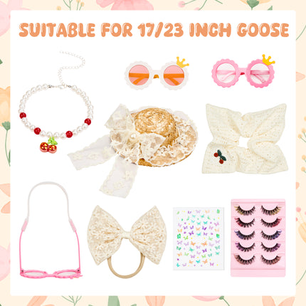 FLAIR GIFTS Porch Goose Statue 8pc Accessory Combination Set, White Lace Goose Accessories Kit with Glasses Bow Hat Necklace Stickers for 23 Inch Goose, Elegant Girl Style Yard Decor (White Lace 8PC)