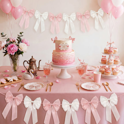 FLAIR GIFTS 1-String 6.5ft Pink & White Bows Garland Banner, 6 Pcs Pre-Strung Bow Party Decorations for Coquette Birthday, Bachelorette Party, Girly Pink Party Supplies, Baby Shower, Bridal Shower