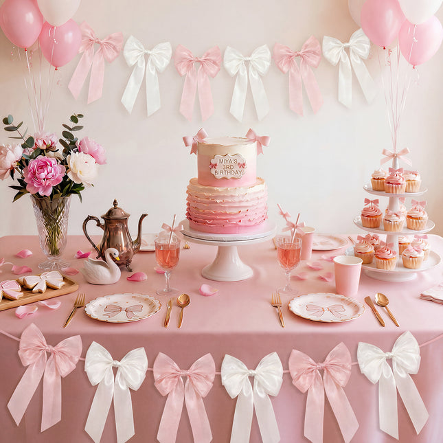 FLAIR GIFTS 1-String 6.5ft Pink & White Bows Garland Banner, 6 Pcs Pre-Strung Bow Party Decorations for Coquette Birthday, Bachelorette Party, Girly Pink Party Supplies, Baby Shower, Bridal Shower