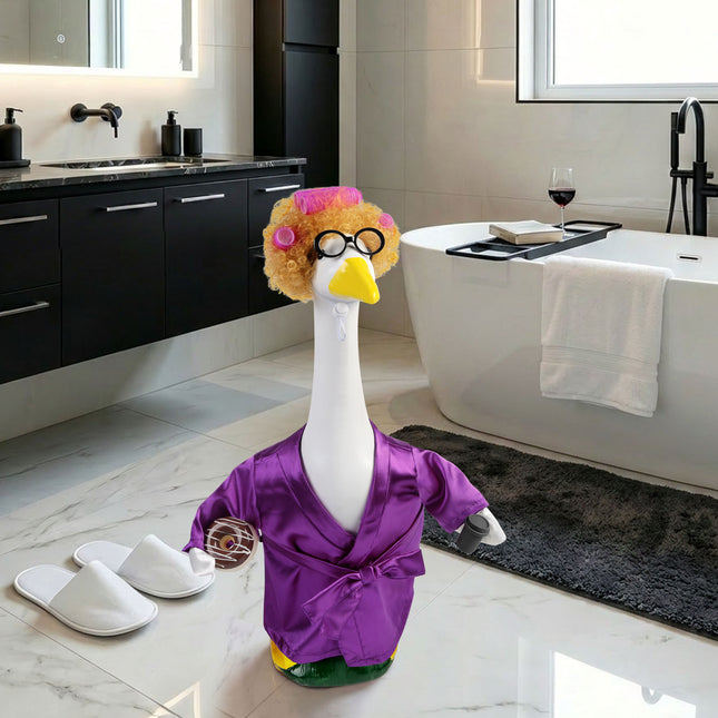 FLAIR GIFTS Porch Goose Robe Outfit Set for 23 Inch Goose Statue, Purple Silk Bathrobe with Wig Curlers Coffee Cup Donut Glasses, Elegant Funny Goose Clothes Decor (Purple Silk)