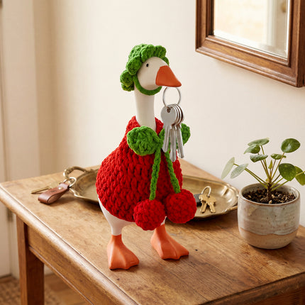 7 Inch Desk Goose Outfits Cherry, Handmade Knit Costume 2 PCs with Hat & Dress for Desktop Goose Statue Clothes Accessories Decor Gift