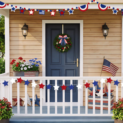 Flair Gifts 2 Pack 4th of July Garland, 6.5ft Felt Patriotic Star Garland for Mantel w/Red White Blue Pom Pom Flag Banner Decor for 250th Anniversary Independence Day Veterans Memorial Party