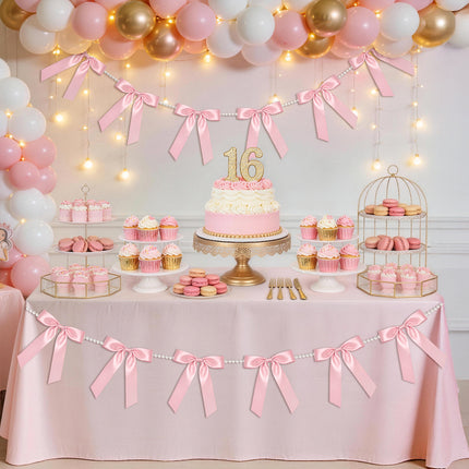 2 Strings Pink Bow Garland Banner, Pre-Strung Satin Ribbon with 6.5ft Pearl Chain for Coquette Birthday, Bridal Shower, Bachelorette Party, Baby Shower, Engagement, Graduation & Anniversary Decor