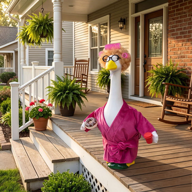 FLAIR GIFTS Porch Goose Robe Outfit Set for 23 Inch Goose Statue, Pink Flannel Bathrobe with Wig Curlers Coffee Cup Donut Glasses, Funny Home Relaxing Goose Clothes Decor (Pink)