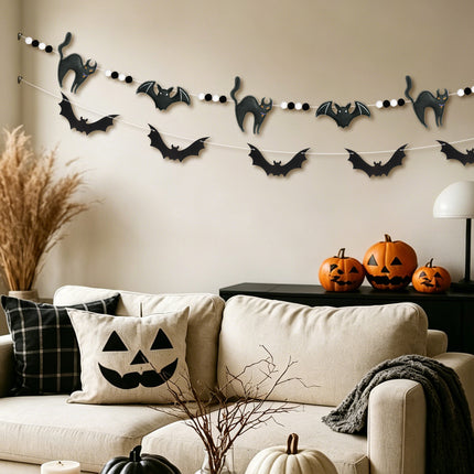 FLAIR GIFTS 2-Pack Halloween Felt Bat & Black Cat Garland, Pre-Strung 8ft 3D Stuffed Bat Banners with Pom Poms, Reusable Spooky Mantle Decor for Home, Office, Classroom Party Supplies