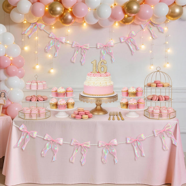 FLAIR GIFTS 2 Strings Iridescent Pink Bow Garland Banner, Pre-Strung Fish-Tail Organza Ribbon with 6.5ft Pearl Chain for Coquette Birthday, Bridal Shower, Baby Shower, Engagement, Anniversary Decor