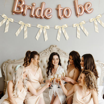 2 Strings White Bow Garland Banner, Pre-Strung Satin Ribbon with 6.5ft Pearl Chain for Bridal Shower, Wedding, Engagement, Bachelorette Party, Baby Shower, Graduation & Anniversary Decor