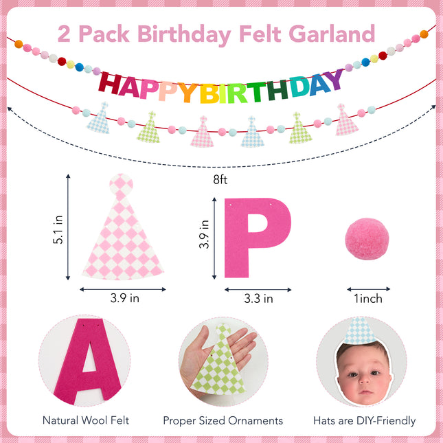 FLAIR GIFTS 2-Pack Happy Birthday Felt Garland with Pom Poms & Birthday Hats, 8ft Pre-Strung Reusable Colorful Felt Banner, Cute Pastel Bunting for Kids Party Decorations Backdrop