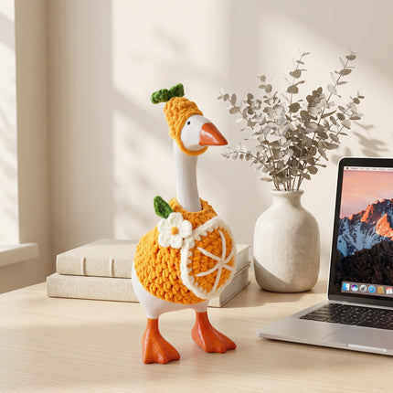 7 Inch Desk Goose Outfits Orange, Handmade Knit Costume 2 PCs with Hat & Dress for Desktop Goose Statue Clothes Accessories Decor Gift