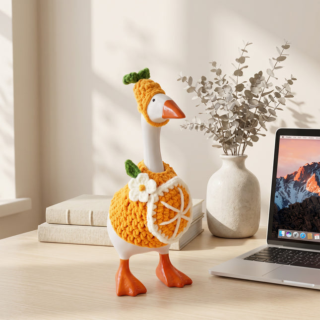 7 Inch Desk Goose Outfits Orange, Handmade Knit Costume 2 PCs with Hat & Dress for Desktop Goose Statue Clothes Accessories Decor Gift