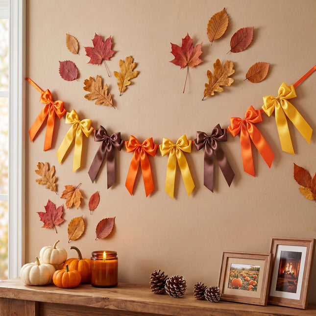 1-String Vintage Fall Bow Garland, 8 Pre-Strung Brown& Orange& Yellow Double-Layer Satin Ribbon Bows Banner, Reusable Autumn Thanksgiving Wall Mantel Decor