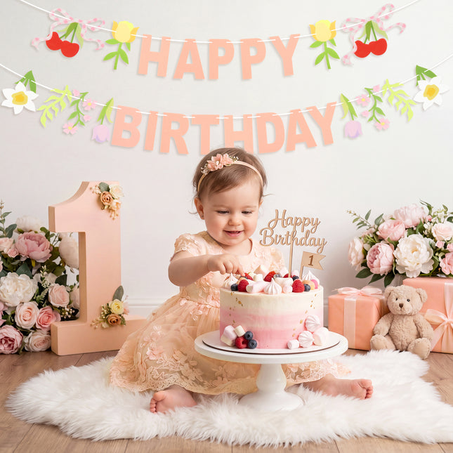 FLAIR GIFTS 2-Pack Happy Birthday Flower Felt Garland, 8ft Pre-Strung Floral Birthday Banner with Cherries & Blossoms, Reusable Pink Bunting for Garden Party, Nursery, Cottagecore Girls Birthday Decor