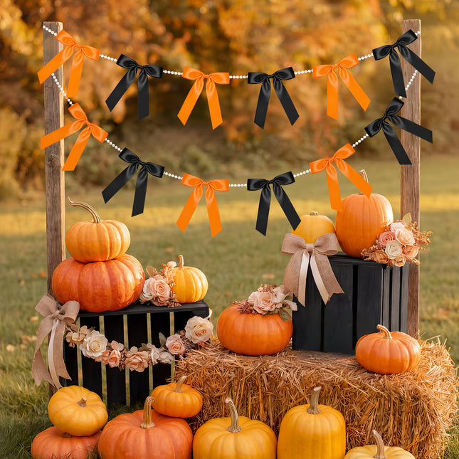 1 String Halloween Bow Garland, 8 Pre-Strung Vintage Black Orange Double Layer Satin Ribbon Bows Banner, Reusable Fall Thanksgiving Wall Mantel Door Decor