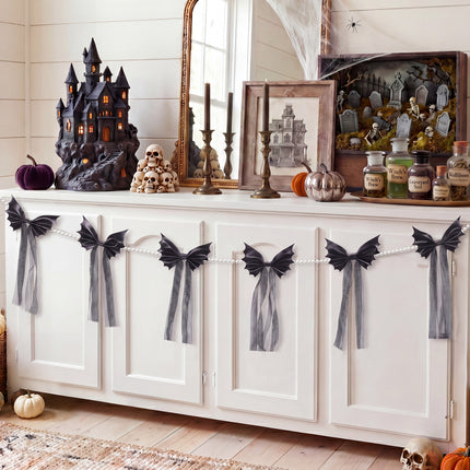 FLAIR GIFTS Halloween Spooky Gothic Black Bat Bow Garland, 6.5 Ft Pre-Strung PU Leather Banner Decor with 4 Extra DIY Bows for Fireplace Mantel Wall Home Decor