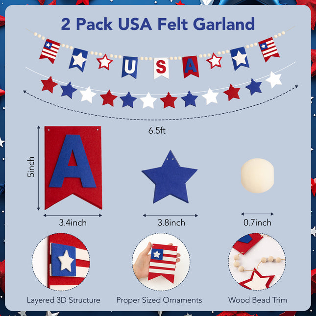 Flair Gifts 2 Pack 4th of July Garland, 6.5ft Felt Patriotic USA Garland for Mantel Red White Blue Star w/Wood Bead Flag Banner Decor for 250th Anniversary Independence Day Veterans Memorial Party