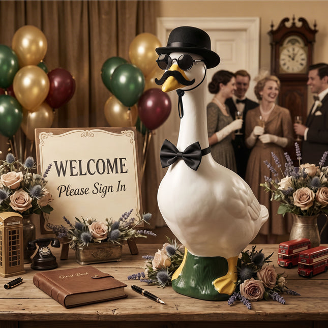 FLAIR GIFTS Porch Goose Statue 7pc Accessory Combination Set, Gentleman Goose Accessories Kit with Top Hat Bow Tie Sunglasses Strap for 23 Inch Goose, Black Formal Style Yard Decor (Black Formal 7PC)
