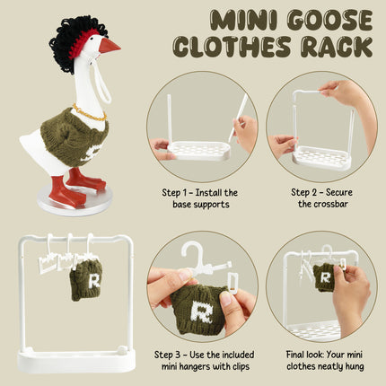 FLAIR GIFTS 4 Sets 7 Inch Desk Goose Sweater Outfits, Funny Knit Sweater with Knit Hat & Necklace, Hanger Stand Included for Desktop Goose Statue Clothes Accessories Decor