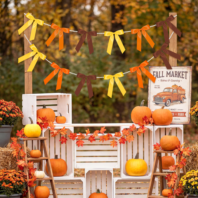 FLAIR GIFTS 2 Strings Fall Bow Garland Banner, 6.5ft Pearl Chain Pre-Strung 6 Satin Ribbon for Autumn Decor, Thanksgiving, Friendsgiving, Pumpkin Patch Party, Vintage Harvest Mantle Backdrop