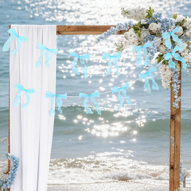 FLAIR GIFTS 2 Strings Blue Bow Garland Banner, Pre-Strung Fish-Tail Organza Ribbon with 6.5ft Pearl Chain for Baby Shower, Bridal Shower, Wedding, Engagement, Graduation & Anniversary Party Decor