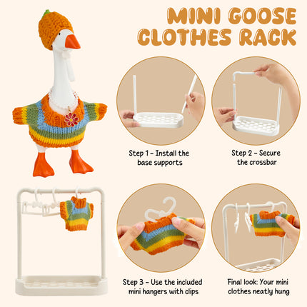 FLAIR GIFTS 4 Sets 7 Inch Desk Goose Fall Outfits, Knit Sweater Hat Scarf & Accessories with Hanger Stand for Desktop Goose Statue Autumn Clothes Decor Gift